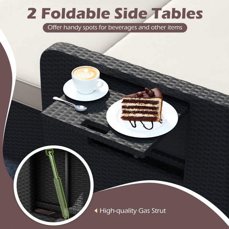 Foldable side tables on the PE wicker outdoor daybed provide convenient spots for beverages and snacks.