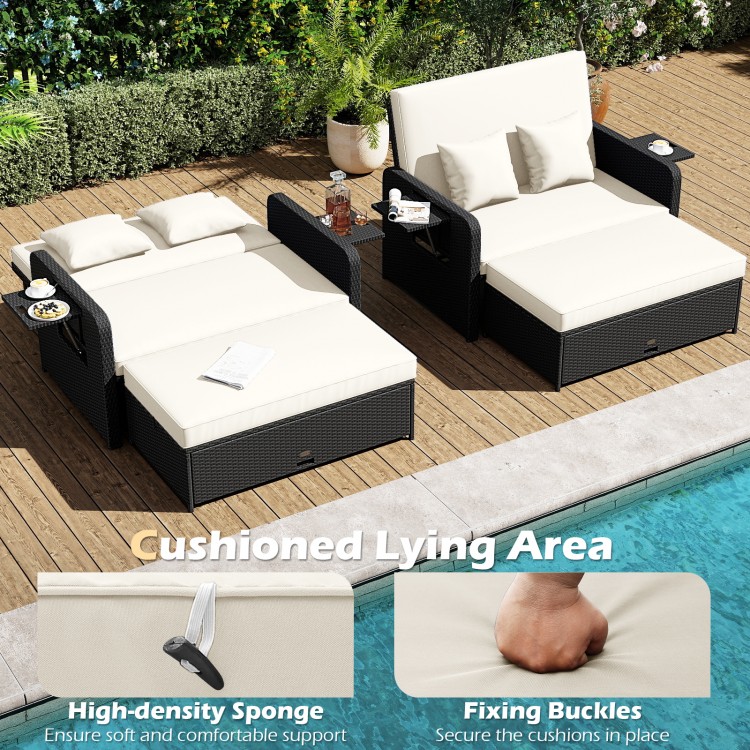 Cushioned outdoor daybed with adjustable backrest, PE wicker, and storage ottoman for versatile patio relaxation.