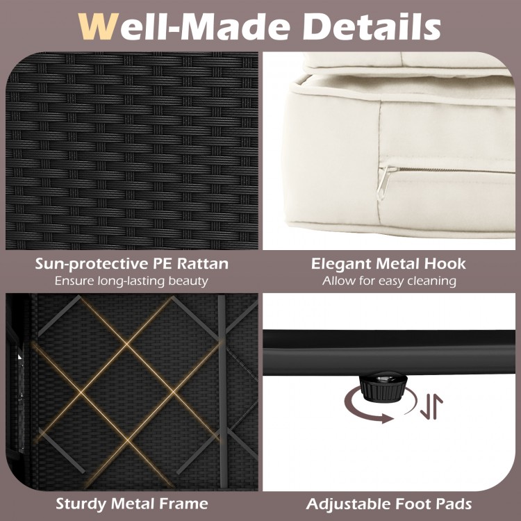 Detail shot of the PE rattan texture and sturdy metal frame of the outdoor daybed with adjustable backrest for patio.