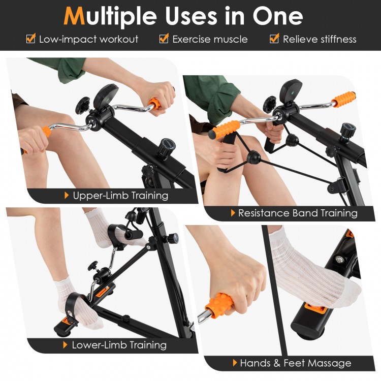 Pedal exerciser with adjustable resistance for arm and leg workouts, featuring resistance bands and LCD display for.