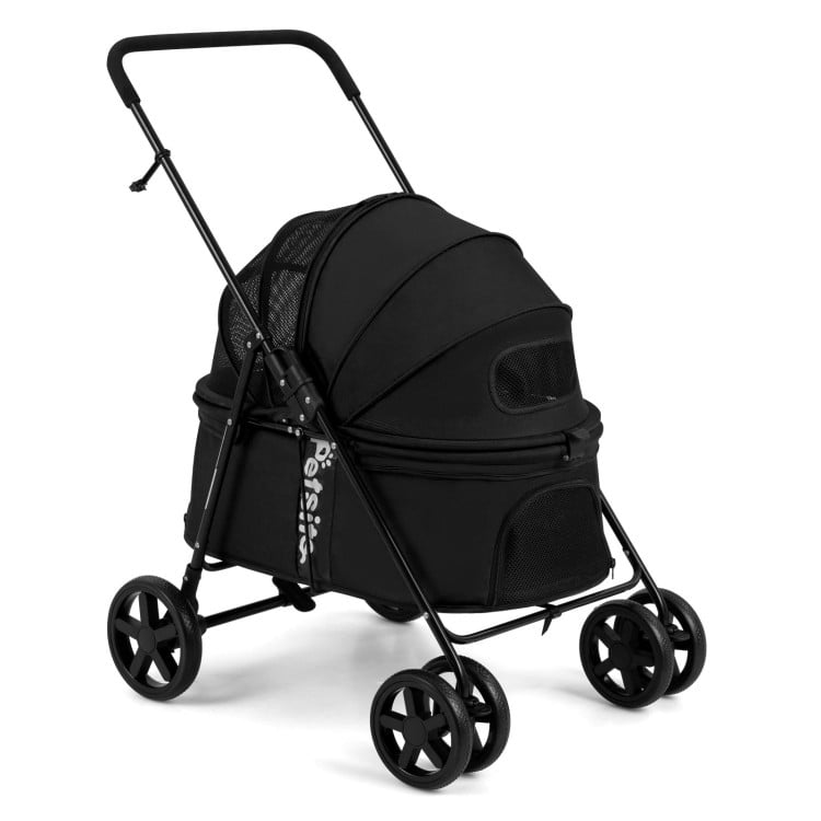 Foldable black pet stroller for small to medium dogs with breathable mesh windows and rear brake for secure travel.