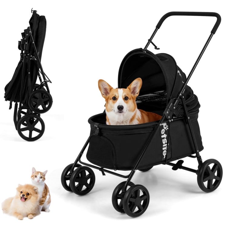 Pet stroller for small to medium dogs in black with canopy, featuring breathable mesh windows and foldable design for.