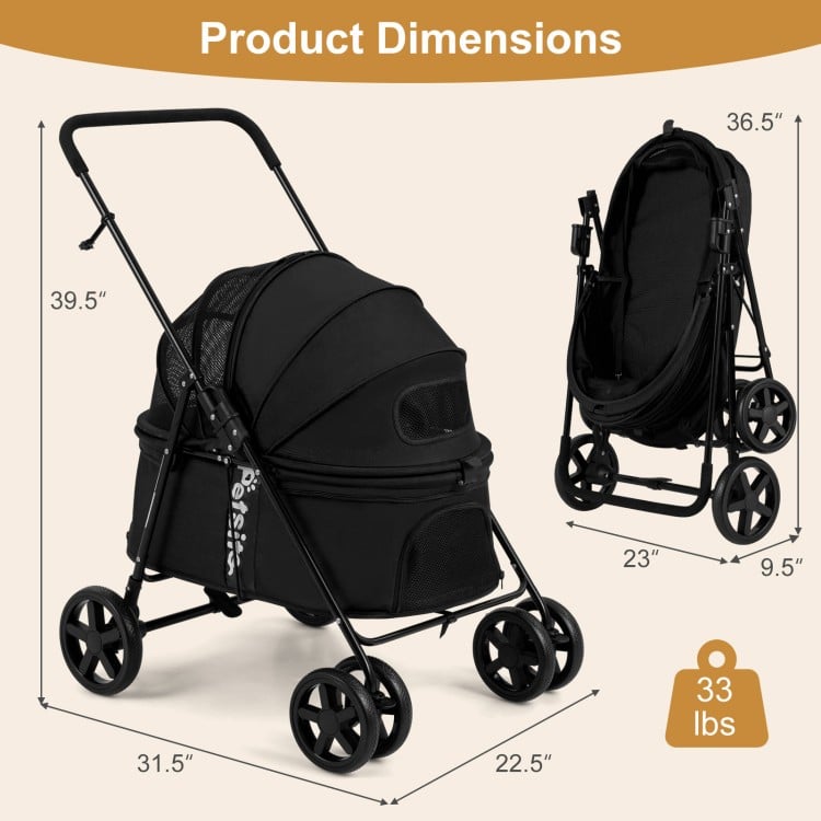 Foldable black pet stroller dimensions with breathable mesh windows, suitable for small to medium dogs, weighs 33 lbs.