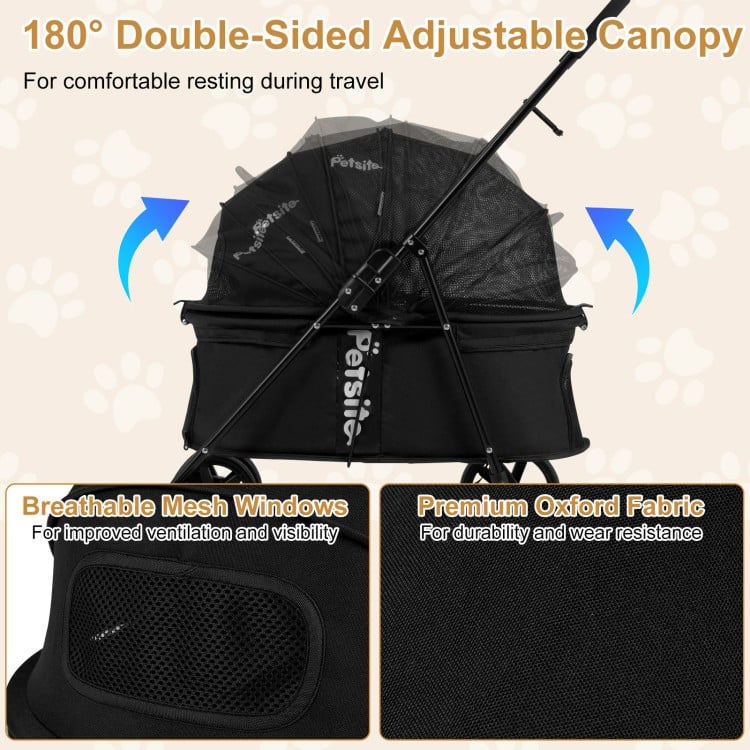 Double-sided adjustable canopy pet stroller in black with breathable mesh windows for small to medium dogs.