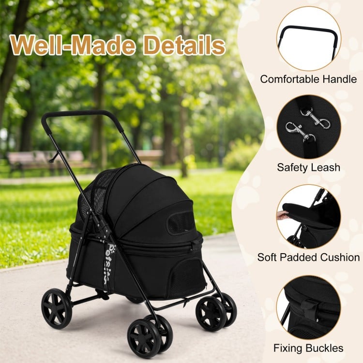 Pet stroller for small to medium dogs with a foldable design, breathable mesh windows, and a comfortable padded cushion.