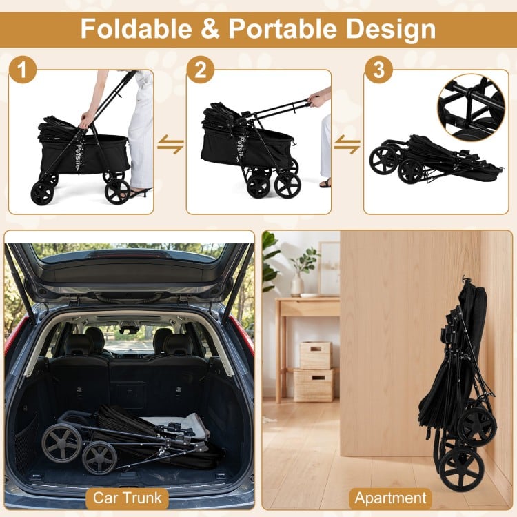 Foldable pet stroller for small to medium dogs in black, showcasing its portable design for easy storage in cars or.
