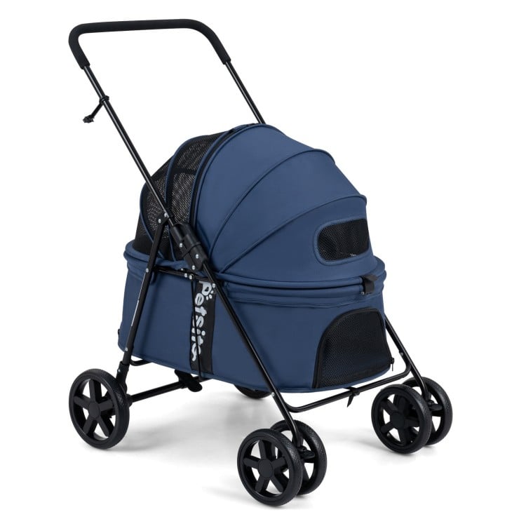 Navy pet stroller with soft padded cushion and raised basket for easy access, perfect for small to medium dogs.