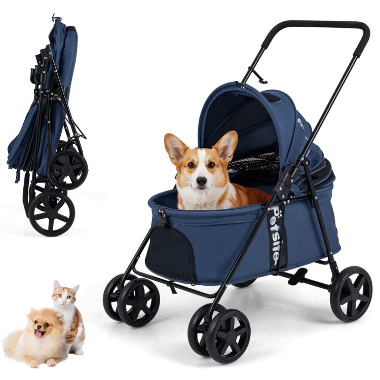 Navy pet stroller for small to medium dogs with breathable mesh windows and foldable design for easy transport.
