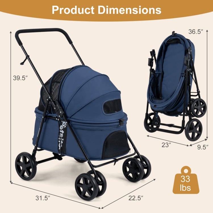 Pet stroller dimensions showing foldable design, navy color, and features for small to medium dogs, weighing 33 lbs.