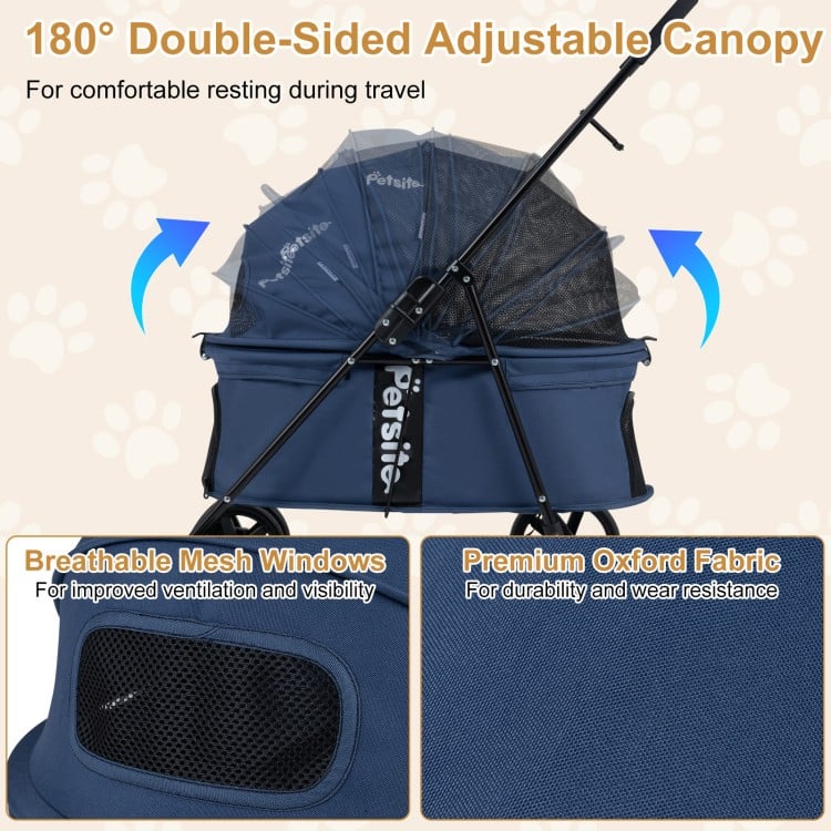 Pet stroller with adjustable canopy, breathable mesh windows, and durable Oxford fabric for small to medium dogs.