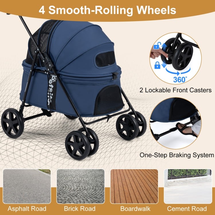 Pet stroller for small to medium dogs in navy, featuring 360° swivel wheels and a one-step rear brake for safety.