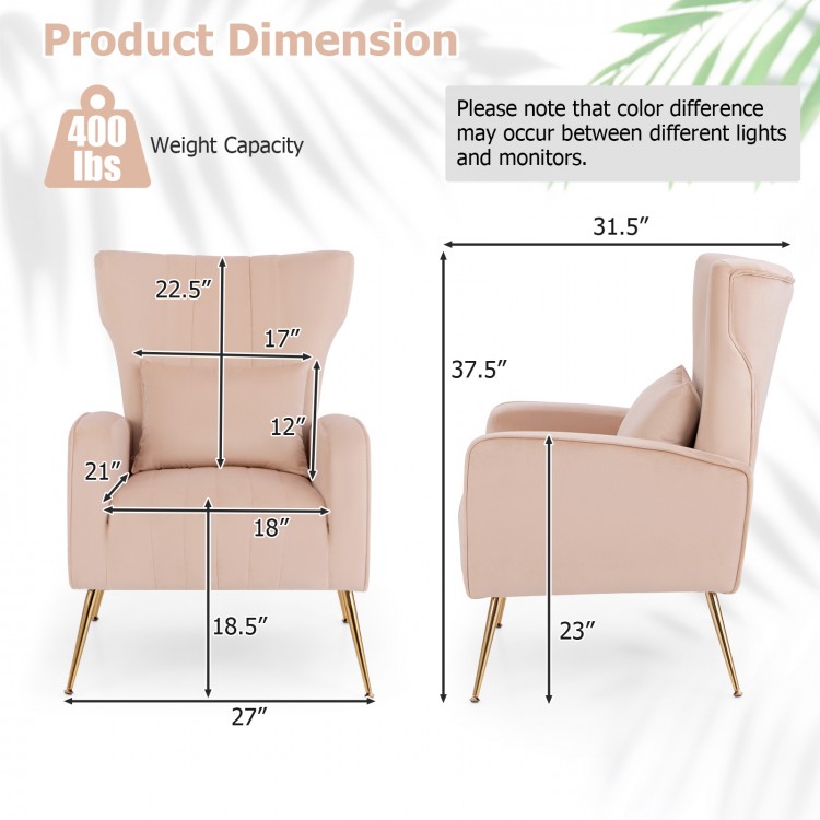Dimensions of the pink velvet upholstered wingback chair with lumbar pillow and golden metal legs, showcasing ergonomic.