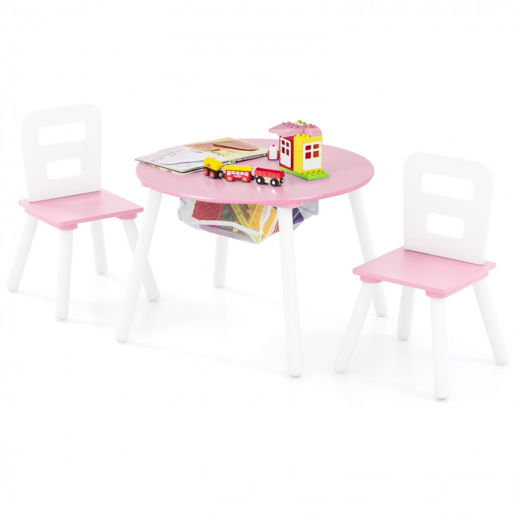 Kids activity table and chair set in pink with central mesh storage, perfect for snacks, homework, and playtime.