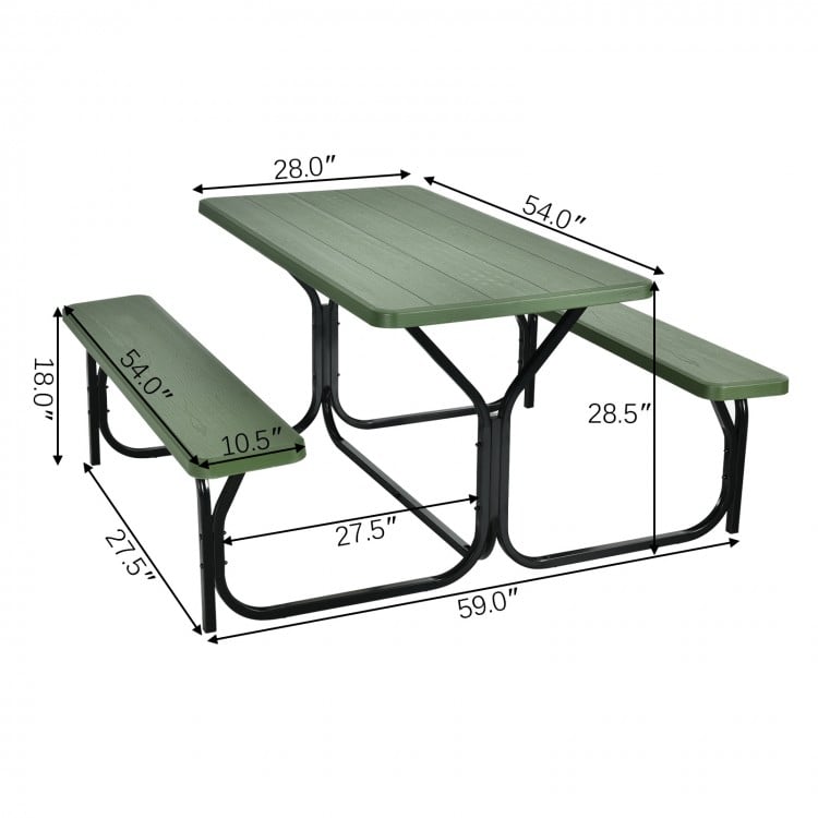 Green picnic table bench set with HDPE material, sturdy metal frame, and rounded corners for outdoor camping use.
