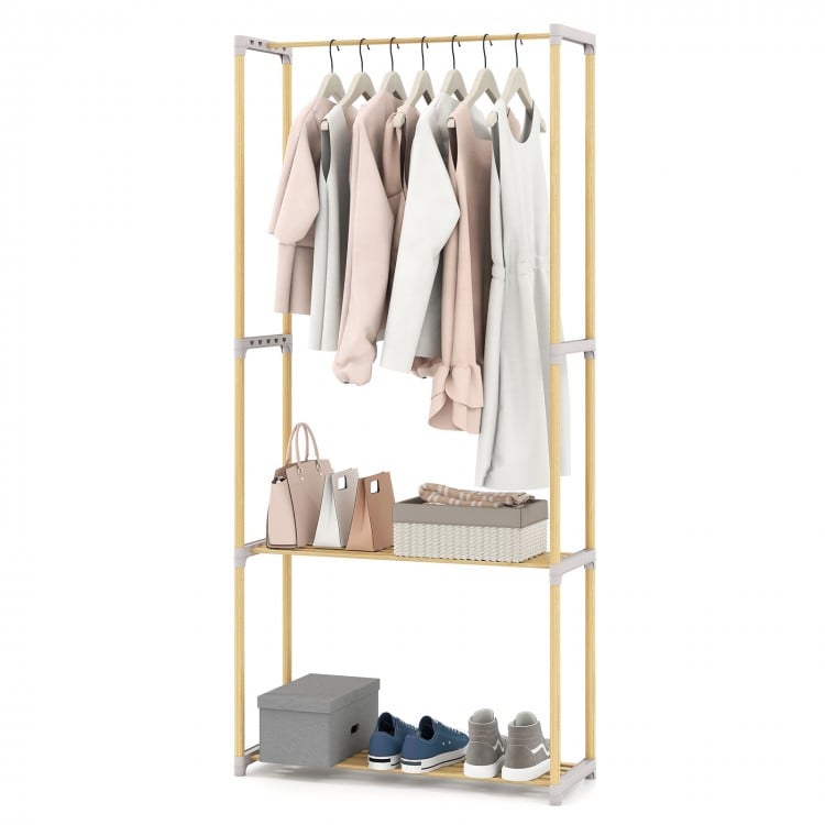 Pine wood clothes rack with hanging rod and 2-tier open storage shelf, ideal for organized bedroom or hallway use.