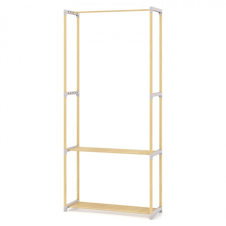 Pine wood clothes rack with gray finish and 2-tier open storage shelf, ideal for organized clothing in bedrooms or.