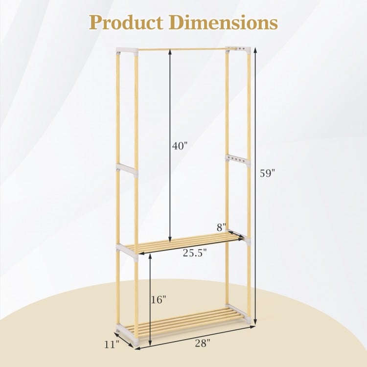 Pine wood clothes rack dimensions showing 2-tier open storage shelf, sturdy hanging rod, and anti-slip feet for.