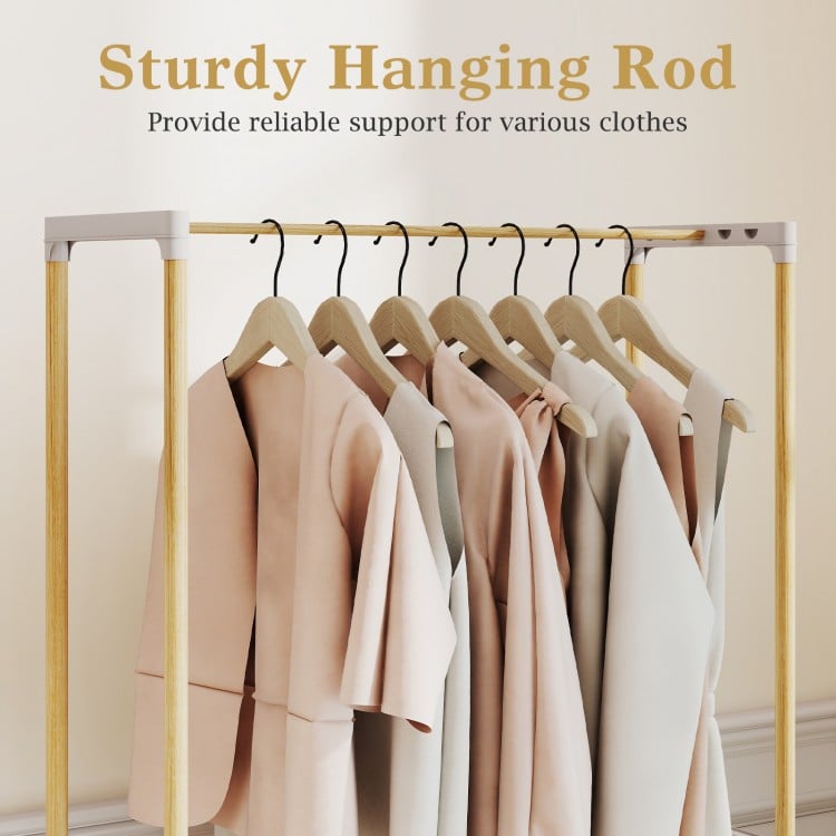 Pine wood clothes rack featuring a sturdy hanging rod and 2-tier open storage shelf for organized clothing display.
