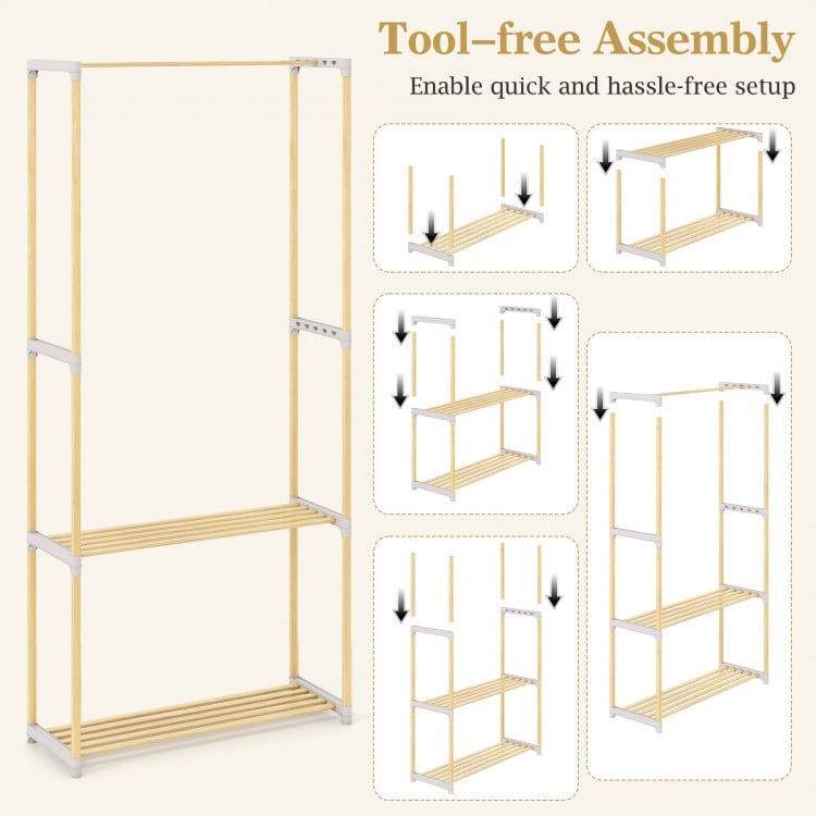 Pine wood clothes rack with 2-tier open storage shelf, featuring sturdy hanging rod and tool-free assembly for easy.