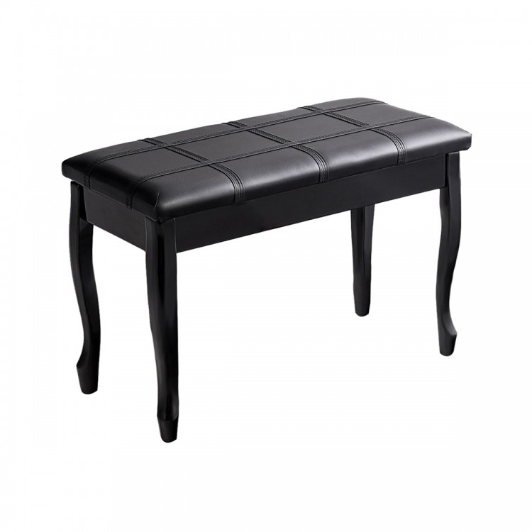 Black PU leather piano bench with solid wood legs, featuring storage compartment for music sheets and comfortable.