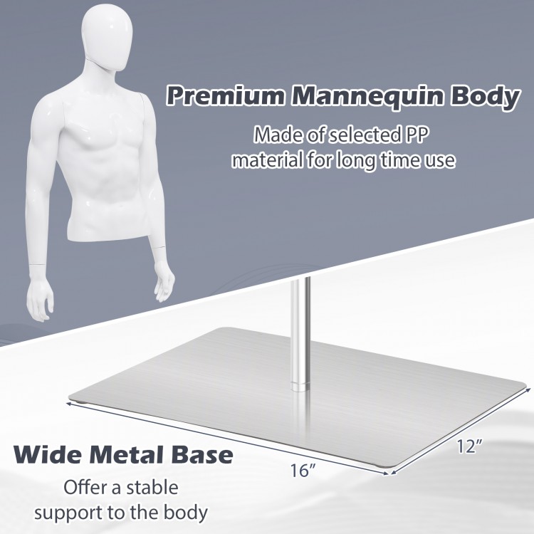 Plastic half body male mannequin with wide metal base, designed for versatile clothing displays in retail environments.