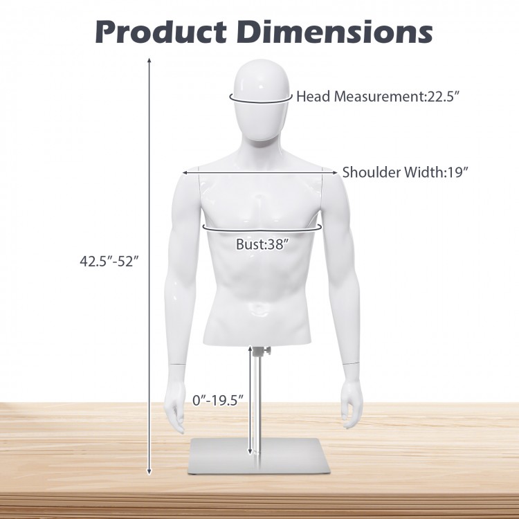 Male half body mannequin with adjustable height and solid metal base, ideal for displaying T-shirts and jackets.
