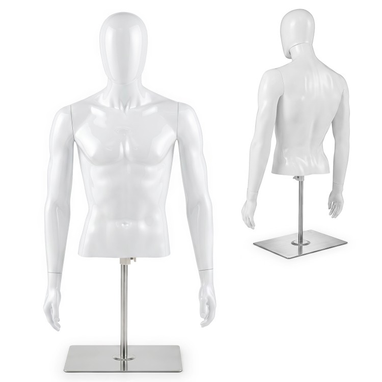 Male half body mannequin with adjustable metal base, perfect for displaying T-shirts and jackets in retail settings.