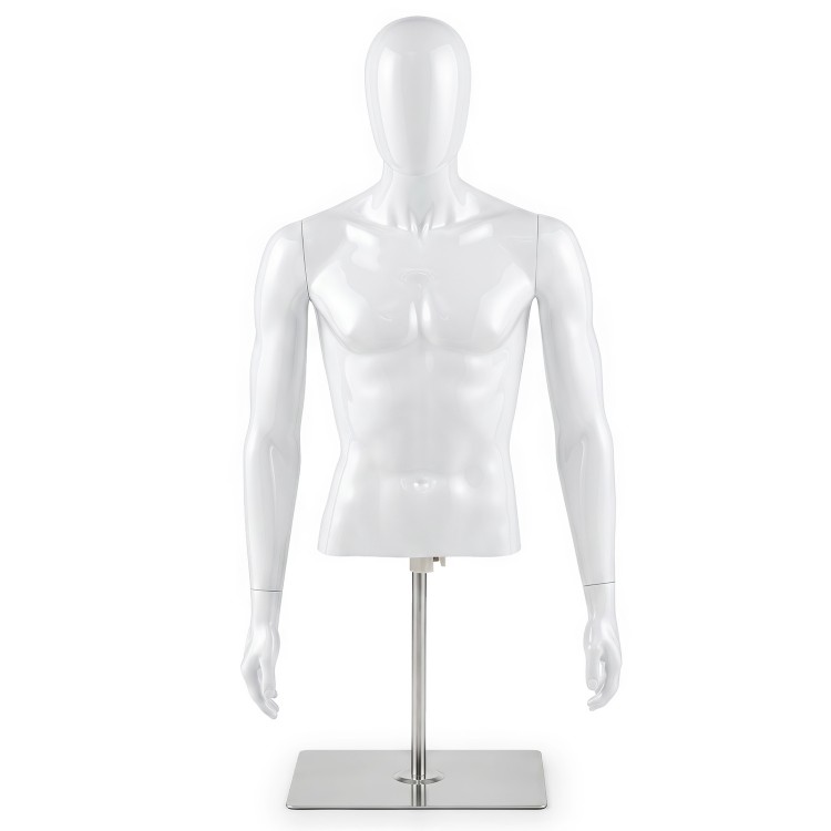 Male half body mannequin with adjustable metal base, ideal for displaying T-shirts, jackets, and other apparel.