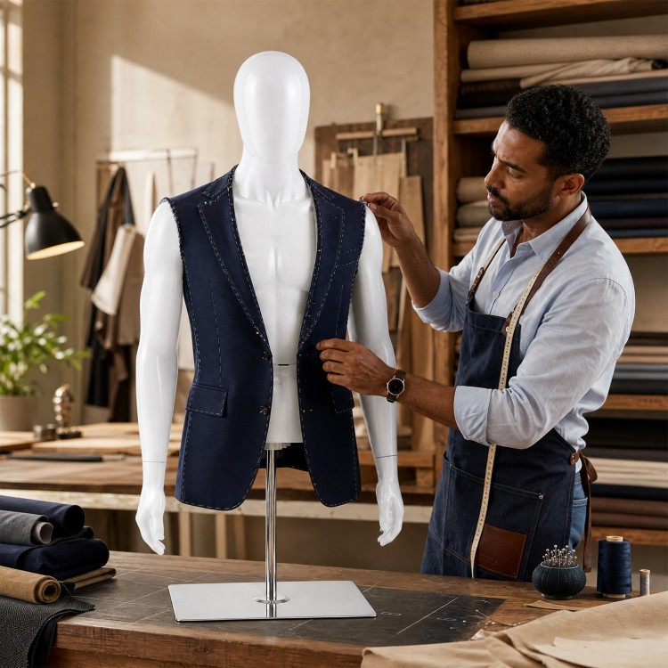 Plastic half body male mannequin with adjustable arms and head, ideal for displaying suits and clothing in stores.