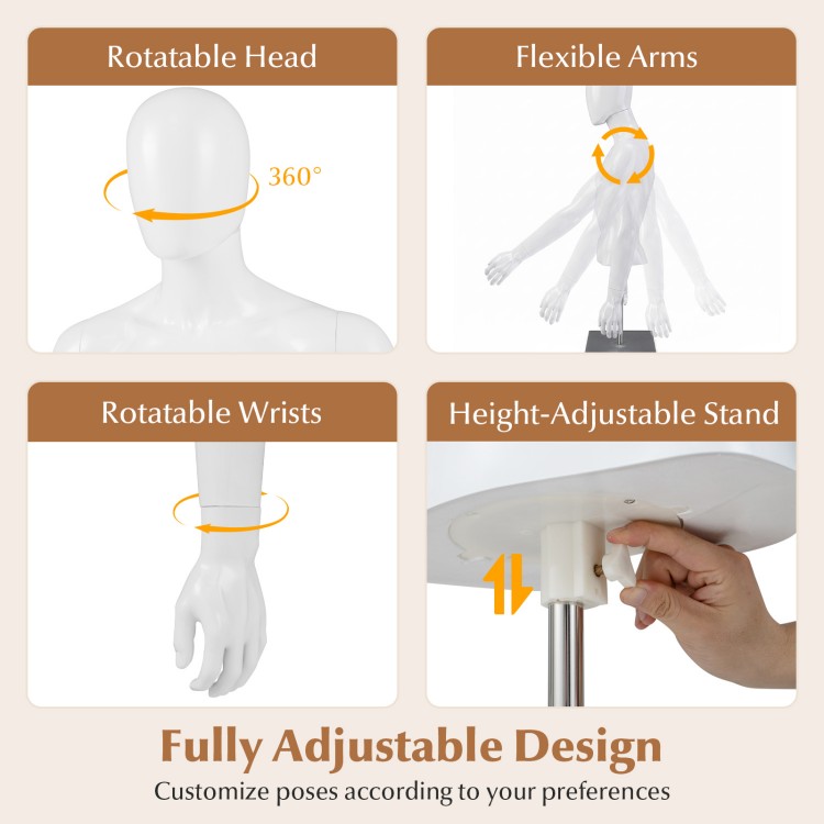 Fully adjustable plastic half body male mannequin with rotatable head, arms, and height-adjustable stand for versatile displays.