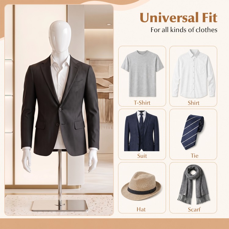 Plastic half body male mannequin with adjustable features, ideal for displaying suits, shirts, ties, and accessories.