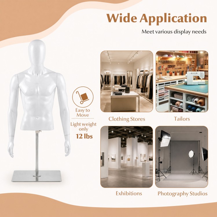 Plastic half body male mannequin with adjustable features, ideal for clothing stores and exhibitions, weighs only 12 lbs.