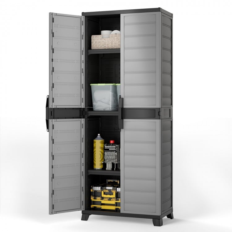 Plastic lockable storage cabinet with doors and three adjustable shelves, ideal for garage or pantry organization.