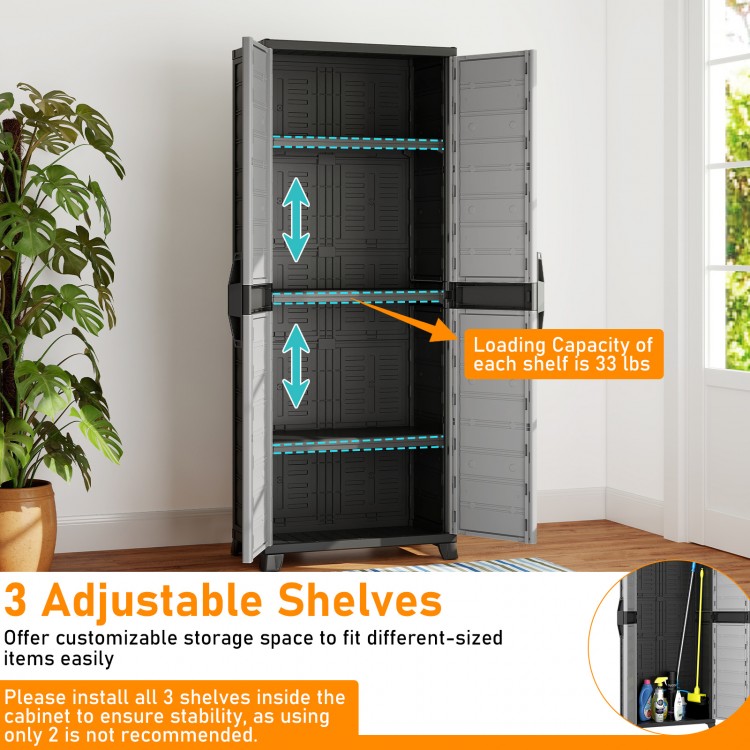 Plastic lockable storage cabinet with 3 adjustable shelves, each supporting 33 lbs, ideal for garage or pantry.