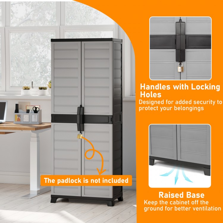 Plastic lockable storage cabinet with doors and 3 adjustable shelves, designed for indoor use and enhanced security.