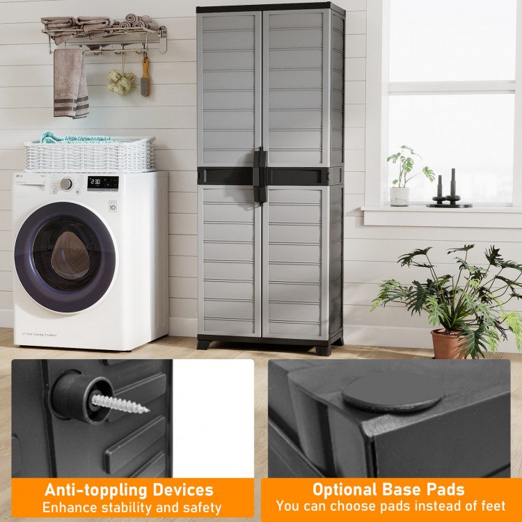 Plastic lockable storage cabinet with doors, featuring 3 adjustable shelves, ideal for indoor use in laundry rooms or.