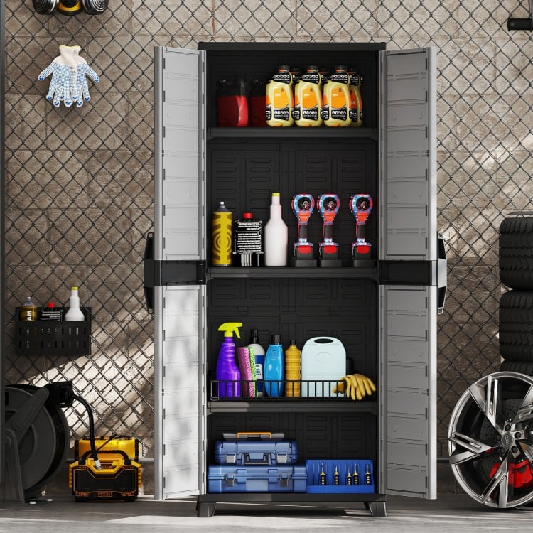 Plastic lockable storage cabinet with doors, featuring three adjustable shelves for versatile indoor organization.