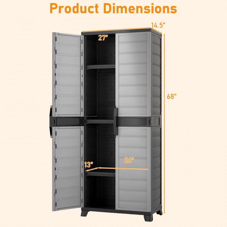 Plastic lockable storage cabinet with dimensions 27" x 26" x 68", featuring 3 adjustable shelves for versatile storage.