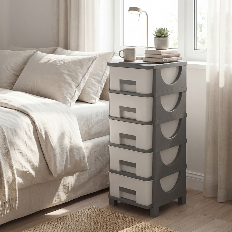 Gray plastic storage organizer with compact drawers, perfect as a bedside table for maximizing space and easy access.