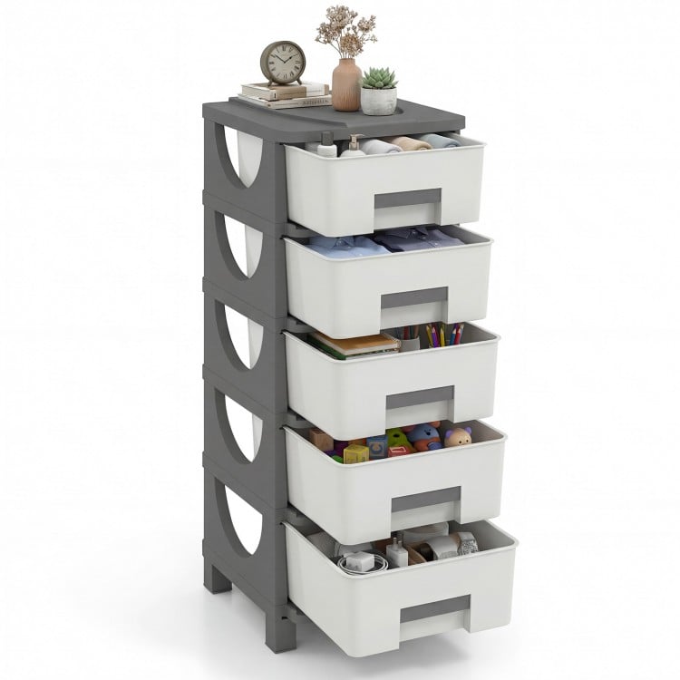 Compact gray plastic storage organizer with five drawers and a spacious tabletop for efficient bedroom organization.