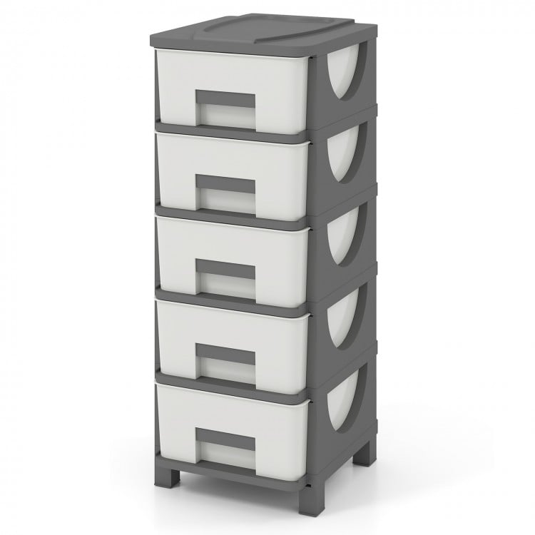 Gray plastic storage organizer with four drawers and handles, ideal for compact bedroom spaces and easy access.