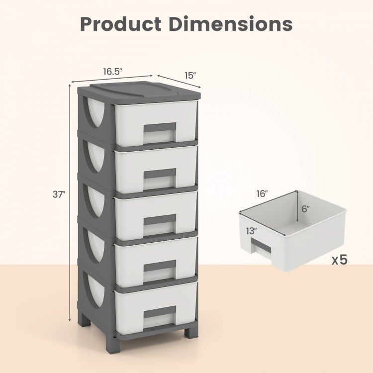 Plastic storage organizer with five drawers, gray color, compact design for bedroom, featuring easy-pull handles and.