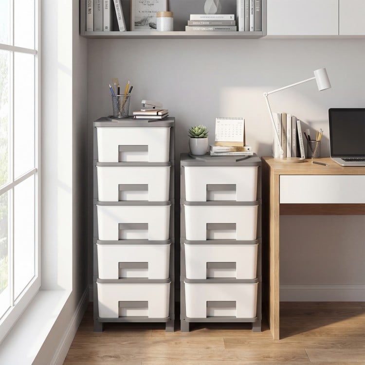 Compact gray plastic storage organizer with handles and drawers, ideal for bedroom or small spaces, maximizing.