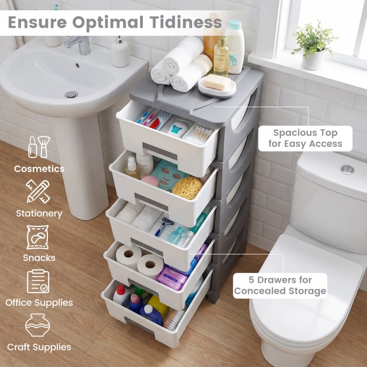 Gray plastic storage organizer with compact drawers and spacious top for easy access, ideal for bedroom or bathroom use.