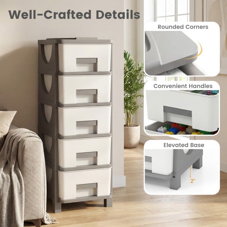 Plastic storage organizer with gray drawers and handles, featuring a compact design for space-saving in bedrooms.