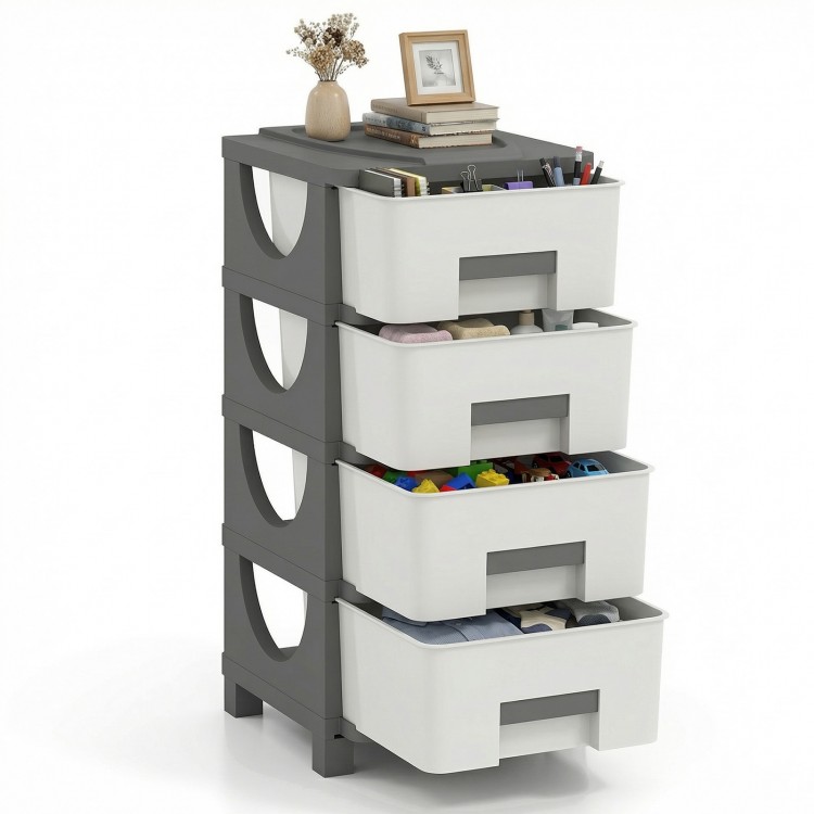 Gray plastic storage organizer with four drawers and spacious tabletop, ideal for compact bedroom storage and easy.