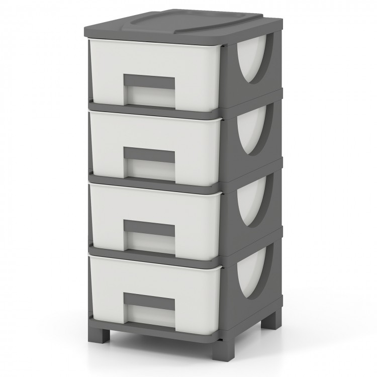 Compact gray plastic storage organizer with four drawers and spacious tabletop, ideal for bedroom or small spaces.