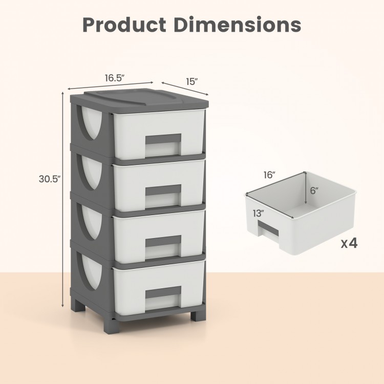 Gray plastic storage organizer with four drawers, compact design, and spacious tabletop for efficient bedroom storage.