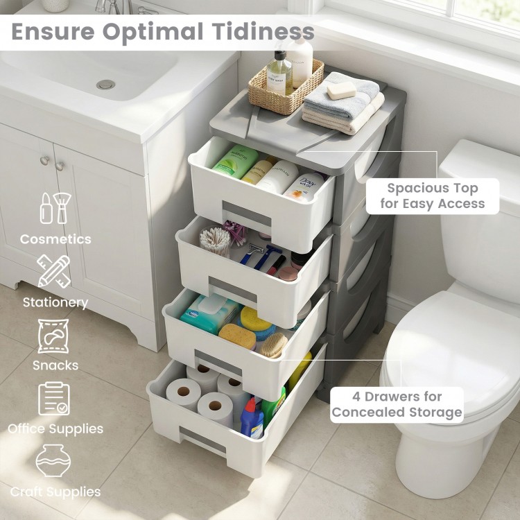 Plastic storage organizer with four drawers and spacious top for easy access, ideal for compact bedroom storage.