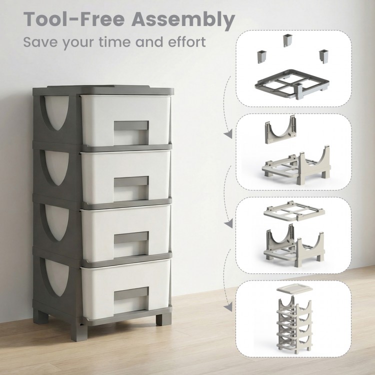 Gray plastic storage organizer with compact drawers, designed for easy assembly and maximizing space in small rooms.